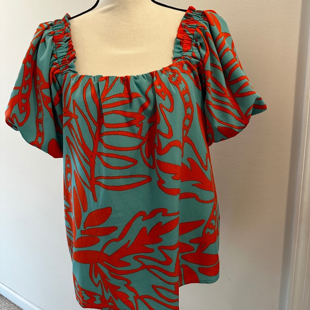 Jade Green and Orange Silky Blouse, Sz Sm